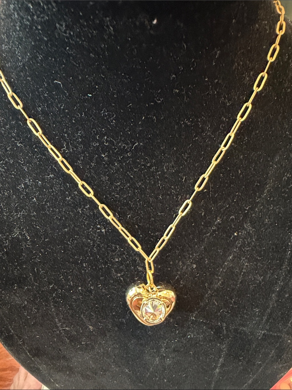 Gold Heart Pendant Necklace with Clear Crystal Accent